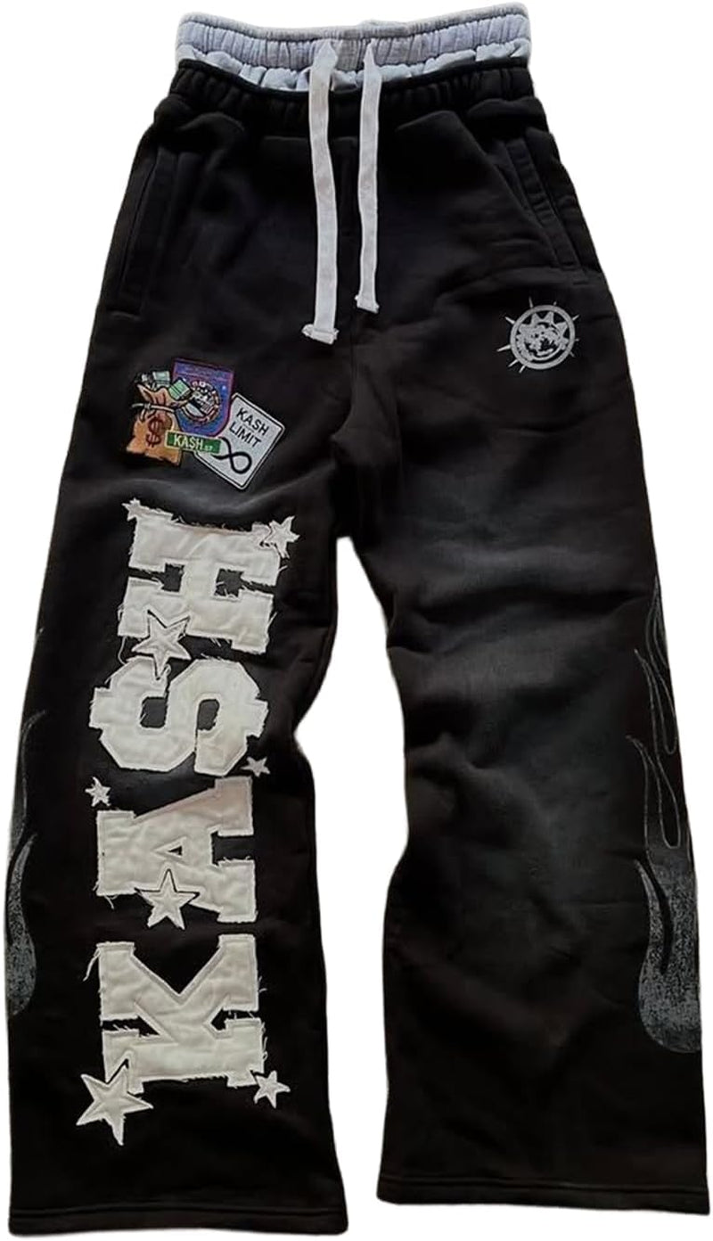 Double Waisted Sweatpants Men Graphic Embroider Y2K Sweatpants Men Graffiti Streetwear Wide Leg Boxer Sweat Pants