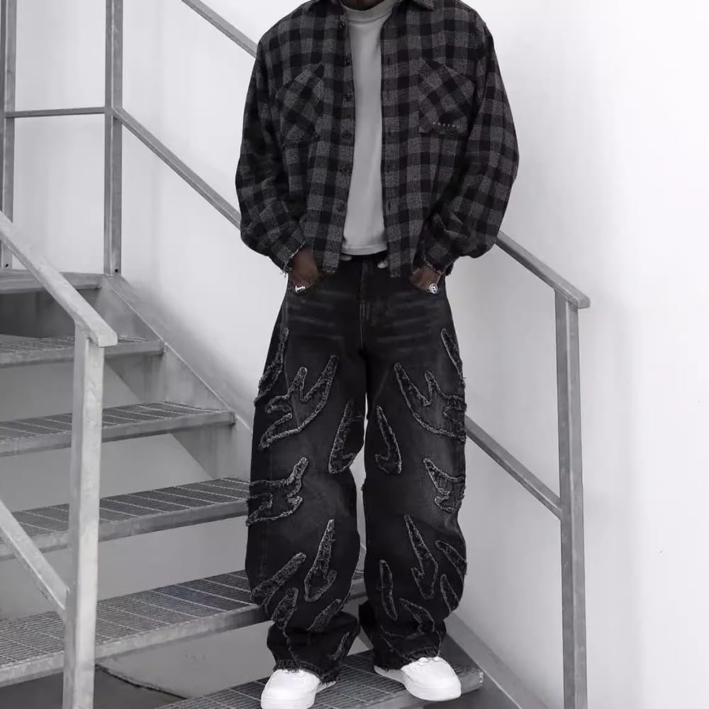 Men'S Loose Casual Pants American Y2K Retro Harajuku Style Bat Pattern Embroidered Jeans Fashionable Streetwear