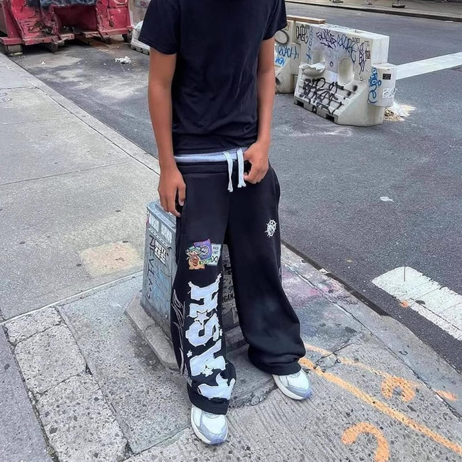 Double Waisted Sweatpants Men Graphic Embroider Y2K Sweatpants Men Graffiti Streetwear Wide Leg Boxer Sweat Pants