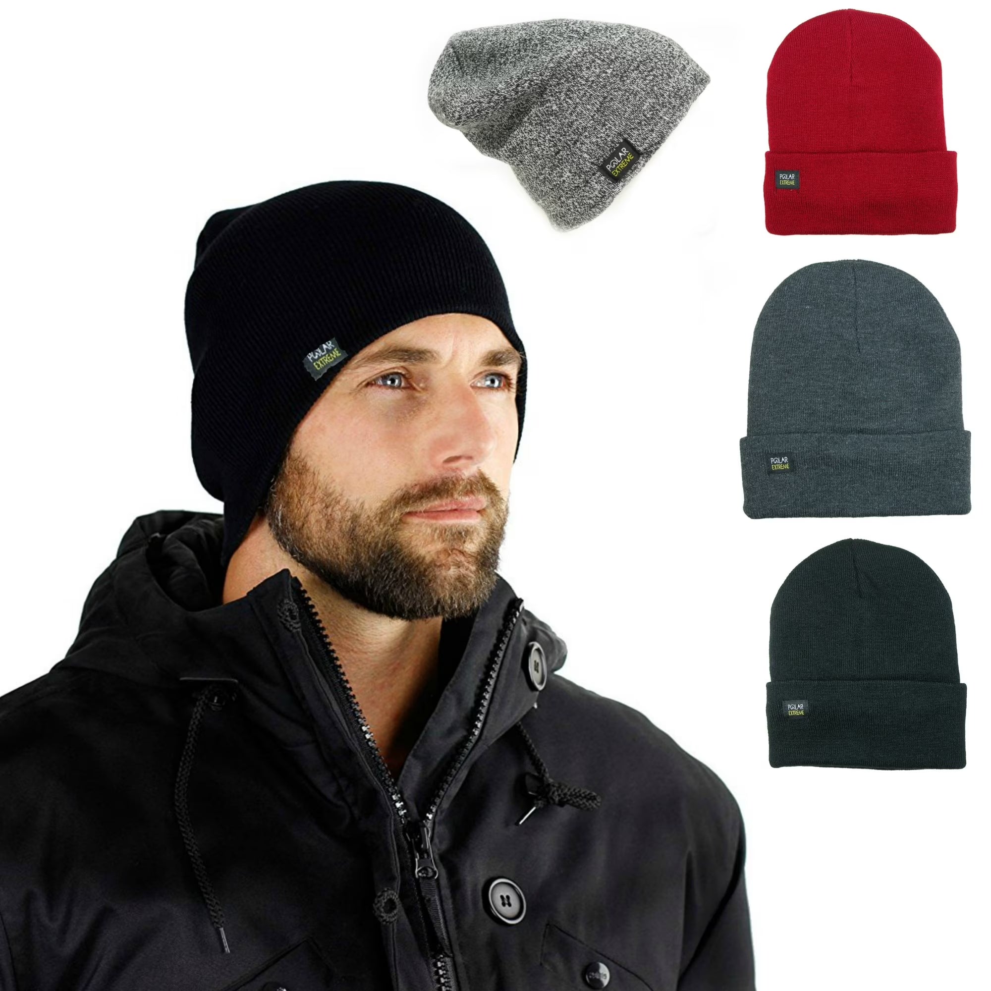 Polar Extreme Mens Insulated Thermal Fleece Lined Comfort Daily Soft Beanies Winter Hats (Red Fold over Hat)