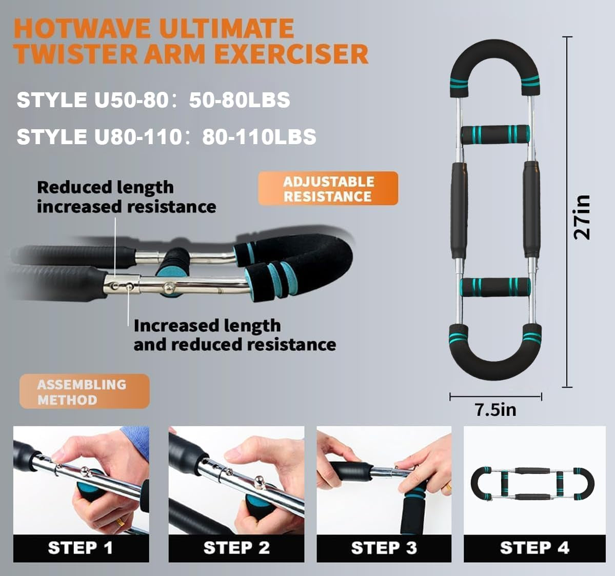 Twister Arm Exerciser,Adjustable Spring Workout Bar, Forearm Triceps Chest Enhanced Exercise Strengthener,Portable Home Fitness Equipment