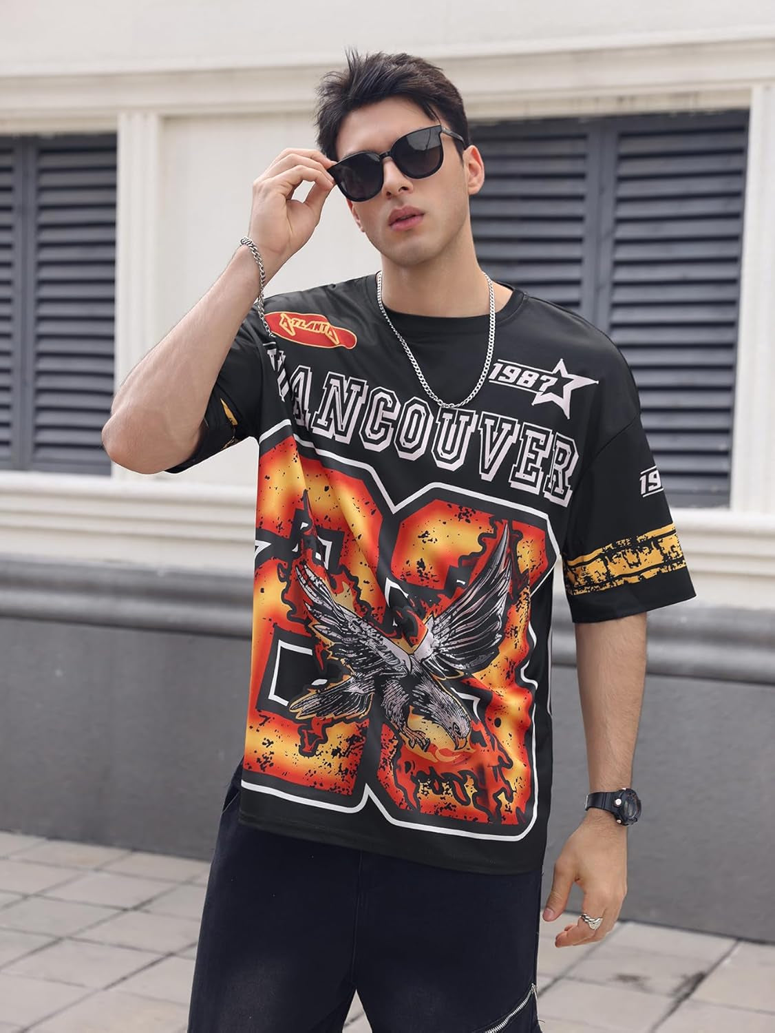 Men'S Eagle Letter Graphic Street T Shirt Oversized Short Sleeve Crewneck Tee Top