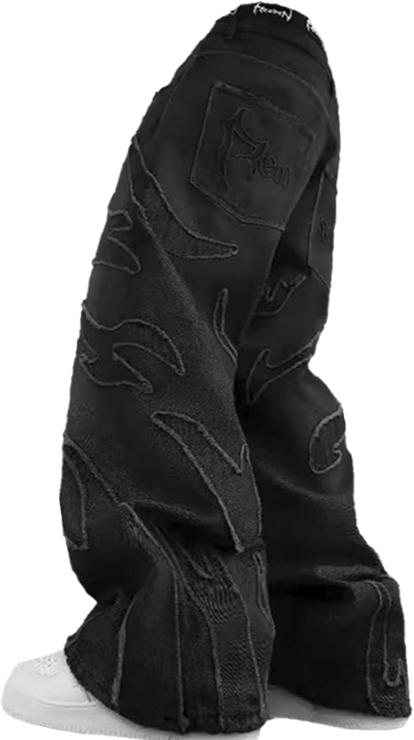 Men'S Loose Casual Pants American Y2K Retro Harajuku Style Bat Pattern Embroidered Jeans Fashionable Streetwear