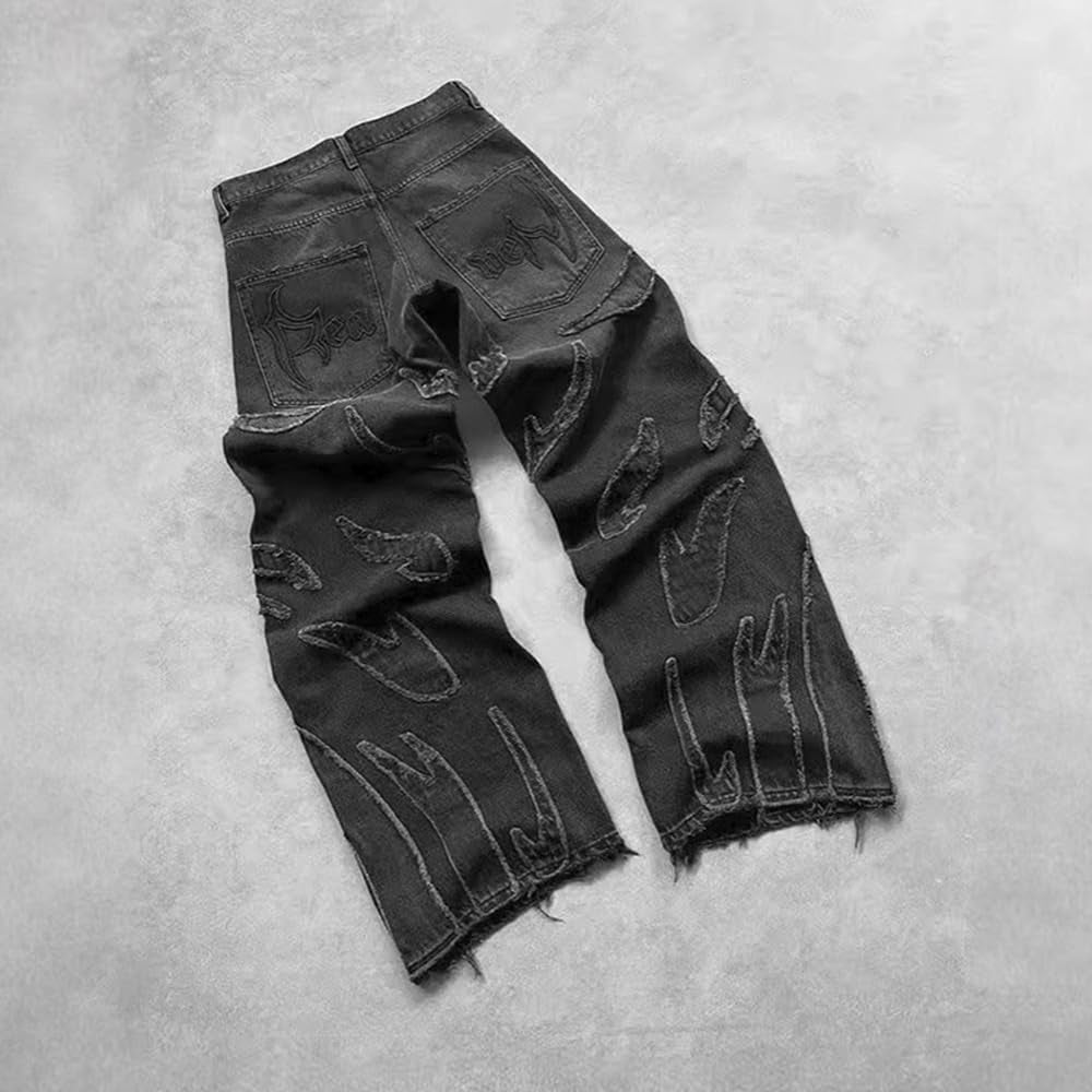 Men'S Loose Casual Pants American Y2K Retro Harajuku Style Bat Pattern Embroidered Jeans Fashionable Streetwear