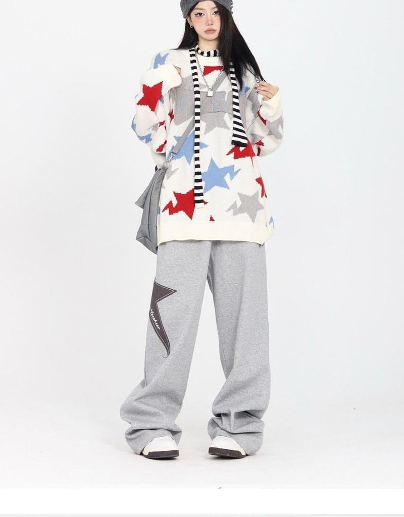 Women Streetwear Sweatpants Drawstring Elastic Waist Loose Wide Leg Joggers Y2K Star Print Pants Harajuku Trousers